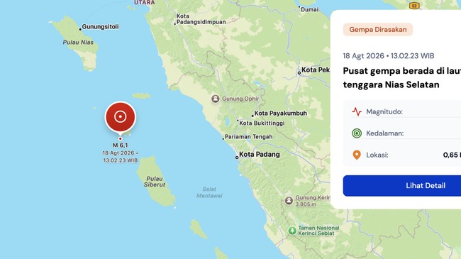 Breaking News! Gempa M6,1 Hantam Nias, Titik Pusatnya di Laut