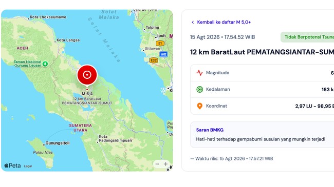 Breaking News! Gempa Besar M6,4 Guncang Pematangsiantar